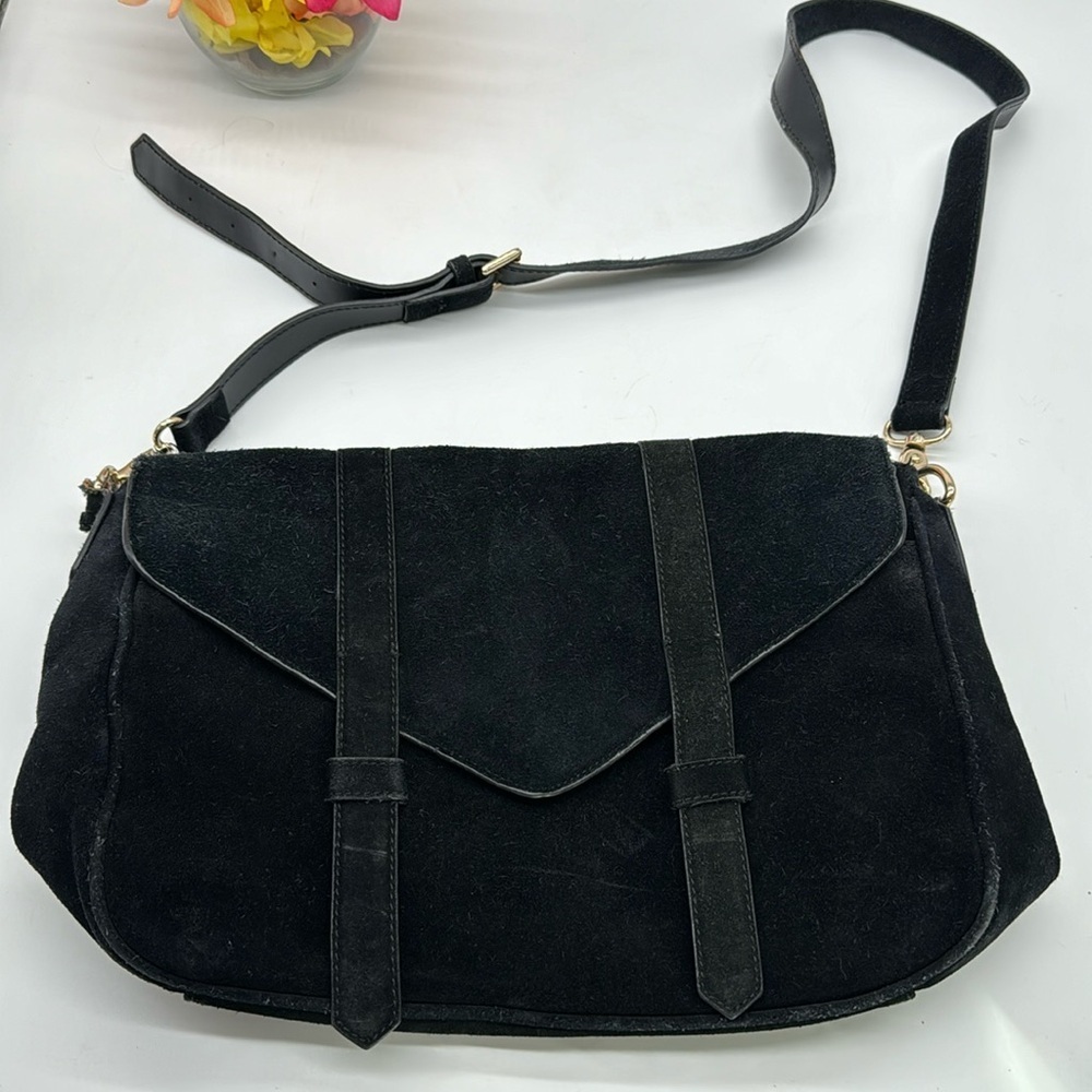 Violetta Black Suede East West Shoulder Bag Blue Satiny Lining BP6709D
